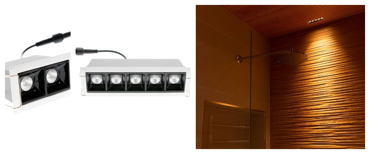 Lähikuva kahdesta suorakaiteen muotoisesta LED-kattovalaisimesta, joissa on useita polttimoita vasemmalla puolella. Oikealla puolella modernissa suihkussa on teksturoitu ruskea seinä, yläpuolinen sadesuihku ja samanlainen LED-kattovalaisin luomassa lämmintä tunnelmaa. Tutustu vastaaviin valaistusratkaisuihin LedStore.fi-verkkokaupassa!