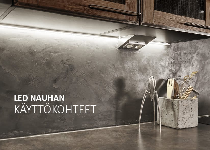 Kaapin alla olevat LED-nauhavalot valaisevat modernia keittiön työtasoa korostaen tummaa taustaa ja puisia ruokailuvälineitä. Teksti: "LED Nauhan Käyttökohteet.