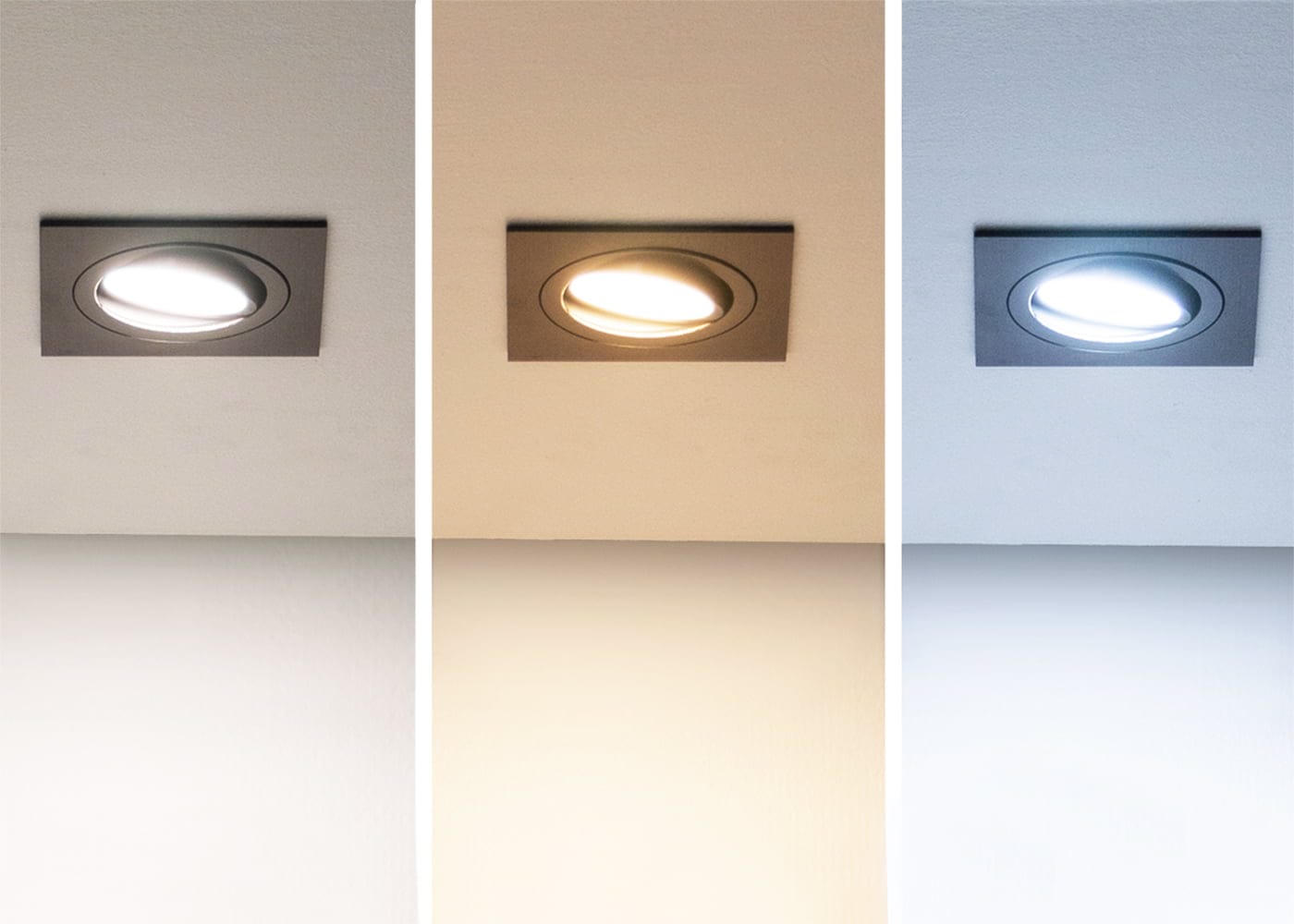 Kolme LED-kattovaloa peräkkäin: lämmin valkoinen, neutraali valkoinen, viileät valkoiset sävyt valaisevat harmaata kattoa kauniisti. Täydellinen valaistuksen kontrasti.